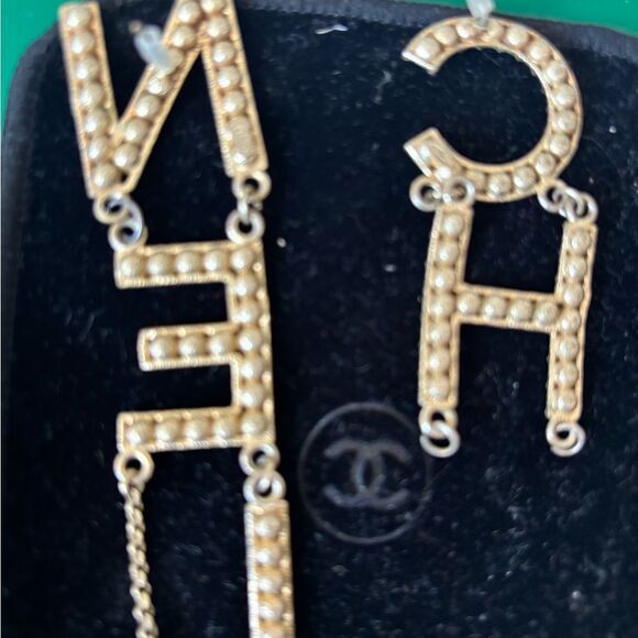 Crystal Cha-Nel Logo Drop Earrings Gold long big accessory bling dangling hoops - Picture 4 of 7